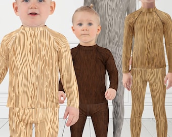 Unisex Wooden Puppet Boy Separates Rash Guard + Leggings in 4 Differnt Wood Textured Colored Tree Costume Print