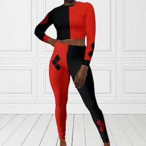 XS-6XL Jester 2-Piece Set: Long Sleeve Crop Top & High Waisted Leggings, Comic Partywear, Split Design, Diamond, Sustainable Fashion.
