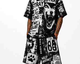 Unisex Grunge Furry Japanese Manga Newspaper Horror Style Streetwear Set Cotton Oversized Shirt + Shorts