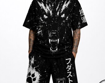 Unisex Grunge Edgy Furry Inspired Horror Style Streetwear Set Cotton Oversized Shirt + Shorts