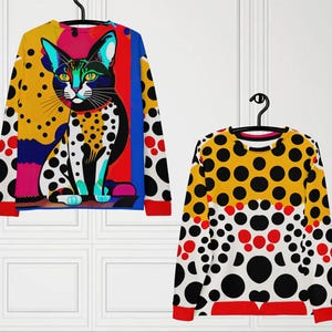 YK Pablo Fusion Unisex Sweatshirt + Joggers Set:Feline with Polkadot Design, Cat All-Over Print, Colorful Streetwear, Abstract Art