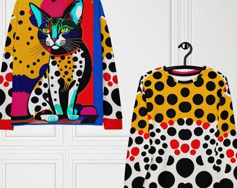 YK Pablo Fusion Unisex Sweatshirt + Joggers Set:Feline with Polkadot Design, Cat All-Over Print, Colorful Streetwear, Abstract Art
