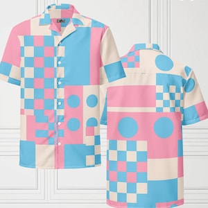 Unisex Trans Flag Designed Button Shirt Wide Leg Pants Checkerboard Patchwork Comfortable Colorful Streetwear/Loungewear LGBTQ Pride Fashion