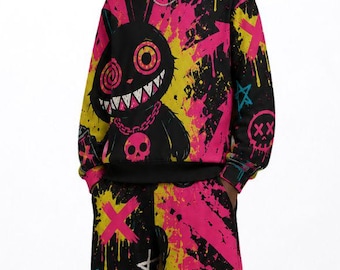 Unisex Cotton Halloween Inspired Psycho Bunny Colorful Graffiti Style Sweatshirt + Wide Leg Pants