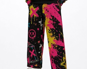 Unisex Cotton Psycho Bunny Spooky Season Streetwear Colorful Graffiti Style Sweatshirt + Wide Leg Pants