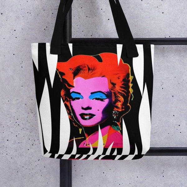 Marilyn Monroe In Andy Warhol Style, 15" 15" Tote Bag: Pop Art in Warhol Colors on Abstract Background with Black + White Stripes, Shopping