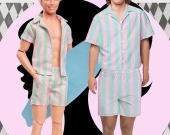 Größe inklusive, individuelles Barb-Ken-Puppen-Strand-Outfit, Mintgrün und Pastellrosa gestreift, 2-teiliges Set, personalisierbares Logo, kultiges lustiges Cosplay