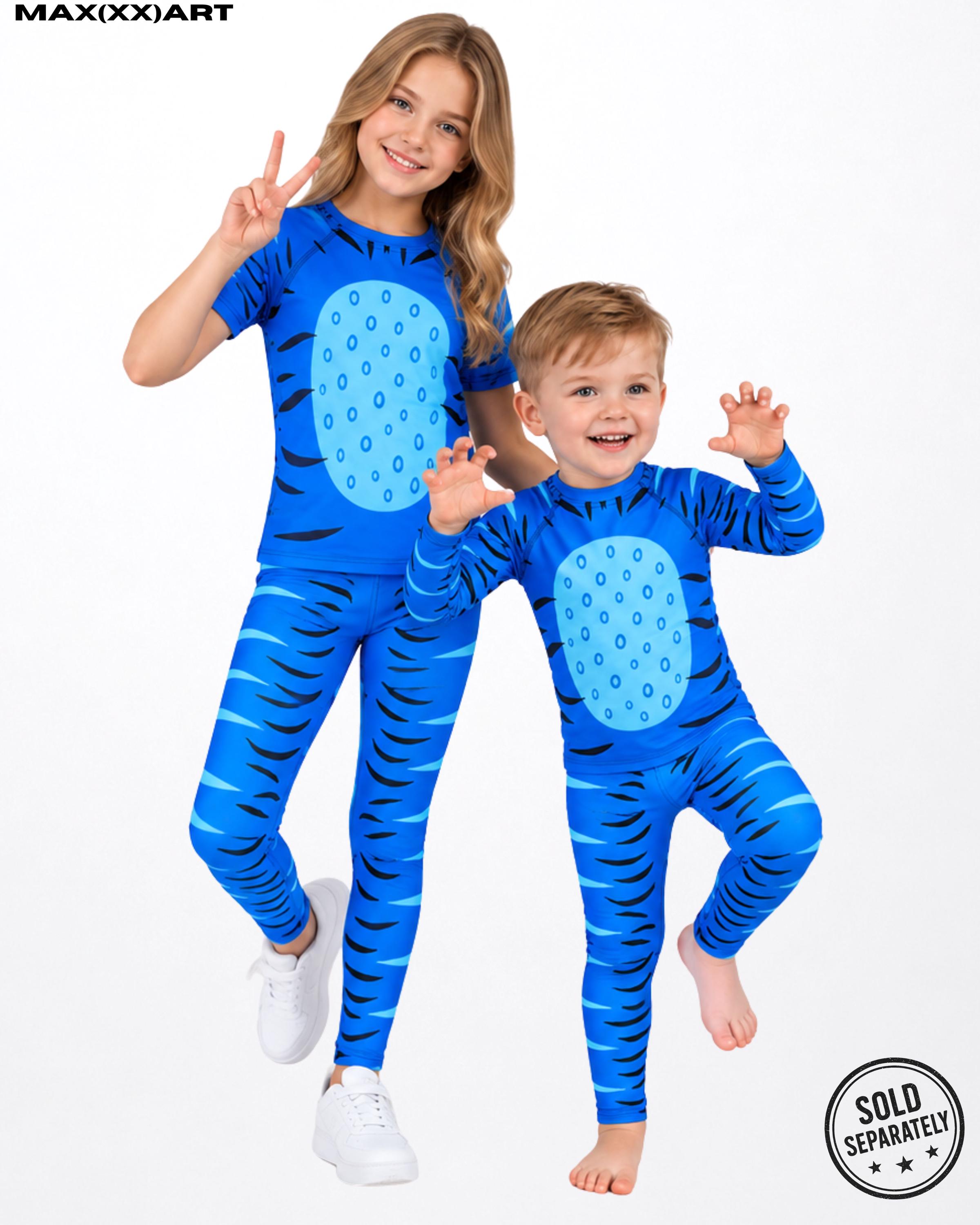 Unisex KidsYouth Derpy Cat Separates Rash Guard + Leggings Monster Hunting Cosplay Cute Halloween Set Blue Tiger Stripes Children Cosplay