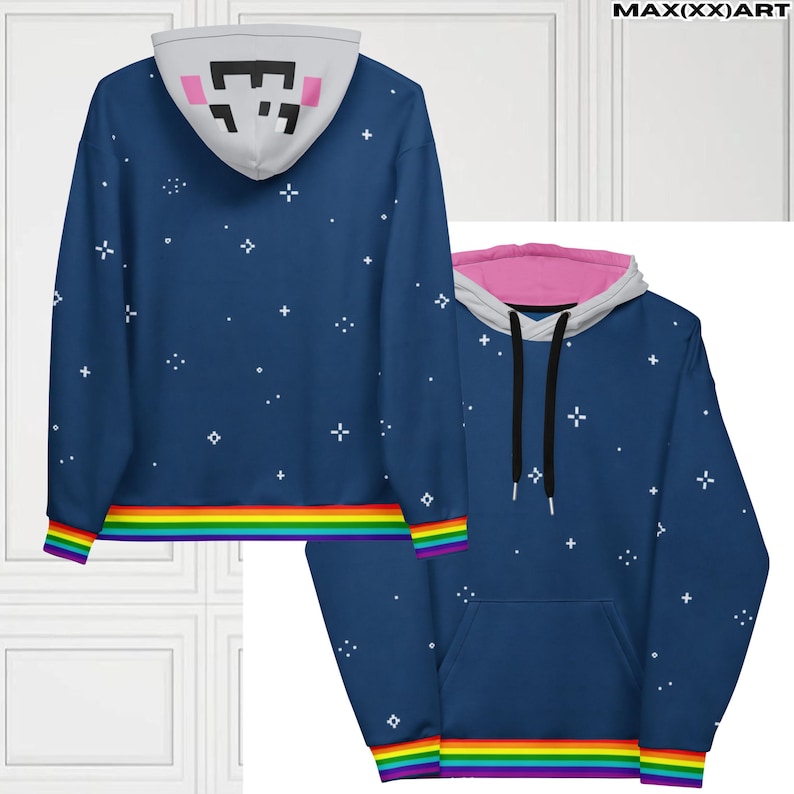 May include: A blue hoodie with a starry pattern and a rainbow stripe at the bottom. The hood features a pixelated face design and a pink interior. The text "MAX(XX)ART" is visible in the top right corner.