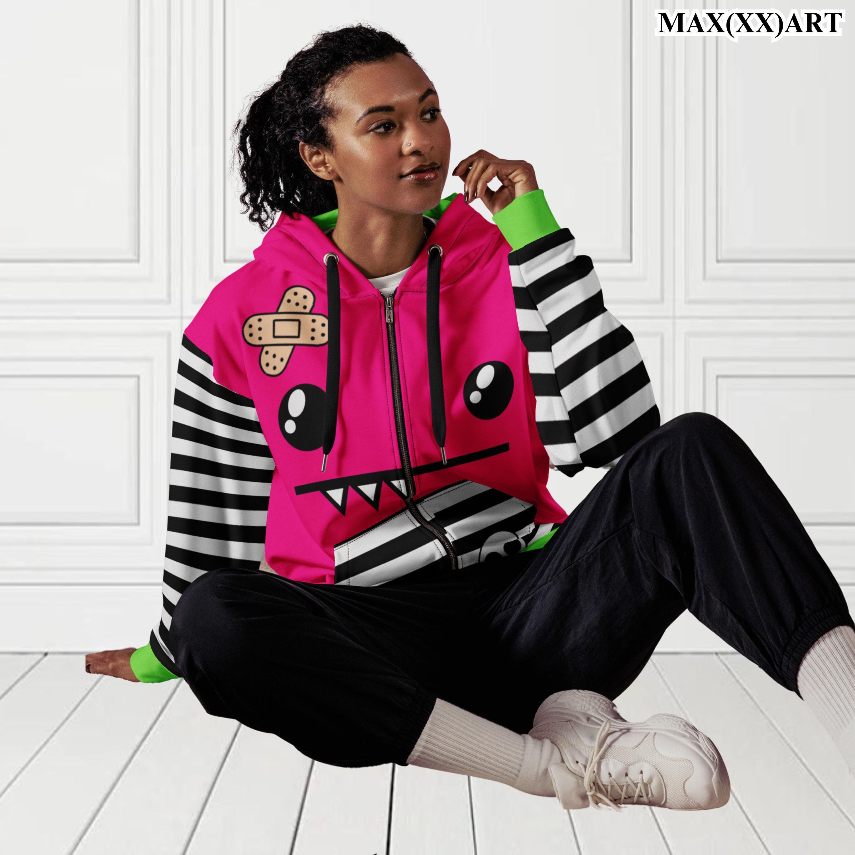 Unisex Monster Zip Hoodie Pink Cartoon Relaxed Fit Hoodie Size