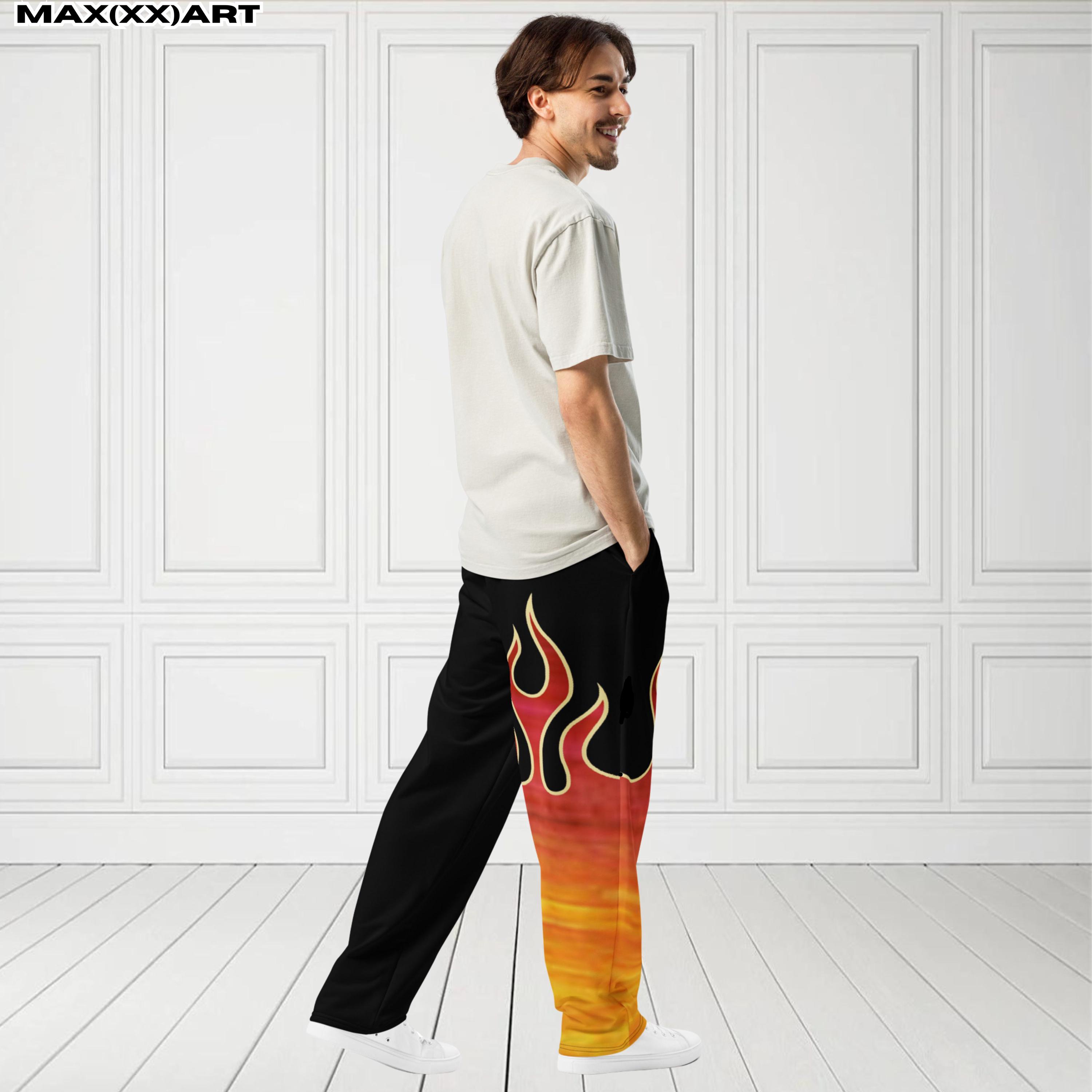 2XS-6XL Unisex Jin Inspired Wide Leg Joggers One Leg Flame Design