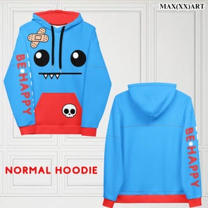 May include: A blue hoodie with a red pocket and red sleeves. The front of the hoodie features a cartoon face with a bandage on its forehead. The text "BE HAPPY" is printed on the sleeves. The back of the hoodie is plain blue with the text "BE HAPPY" printed on the sleeve.