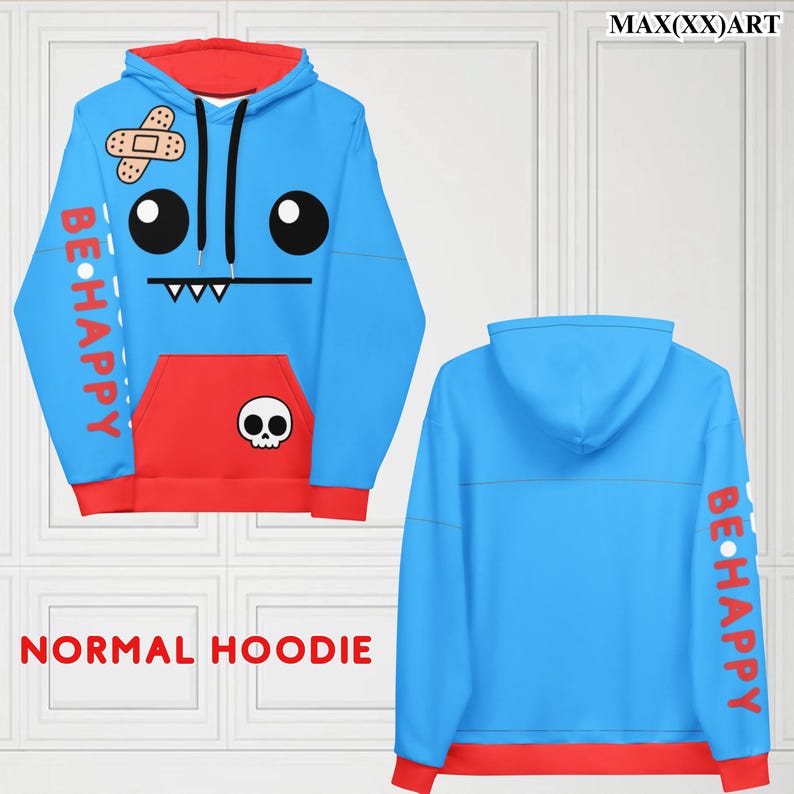 May include: A blue hoodie with a red pocket and red sleeves. The front of the hoodie features a cartoon face with a bandage on its forehead. The text "BE HAPPY" is printed on the sleeves. The back of the hoodie is plain blue with the text "BE HAPPY" printed on the sleeve.
