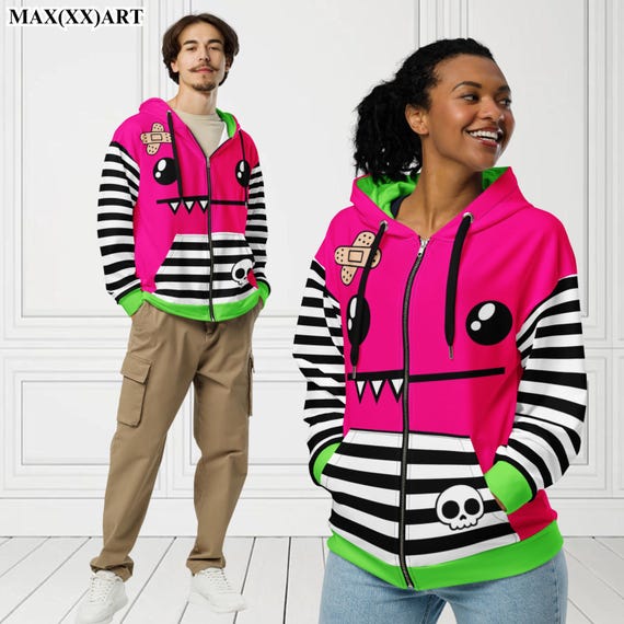 Unisex Happy Monster Zip Hoodie Pink Cartoon Relaxed Fit