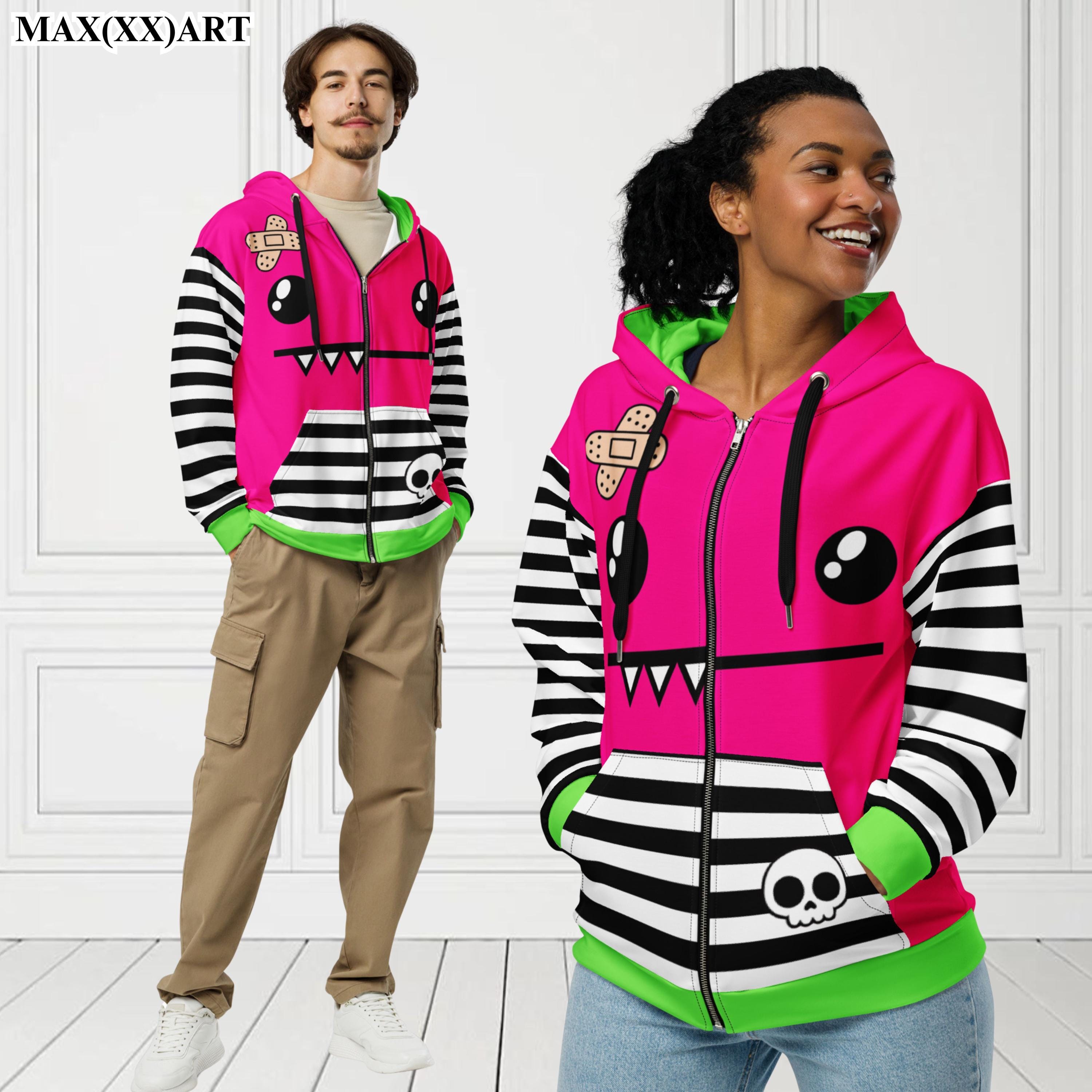 Unisex Monster Zip Hoodie Pink Cartoon Relaxed Fit Hoodie Size