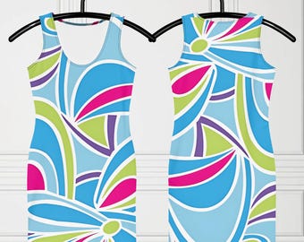 Barb & Teresa Total Hairy Inspired Tank-top Dress, Bright Light Blue, Green Pink Retro 80&#39;s Print, Fun Dress-up Iconic Doll Fashion