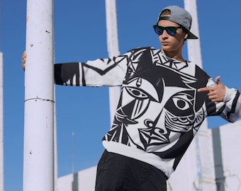 Unisex, Baggy black and white picasso inspired design, oversized all over print sweatshirt, brand logo, punk/rave style, streetwear