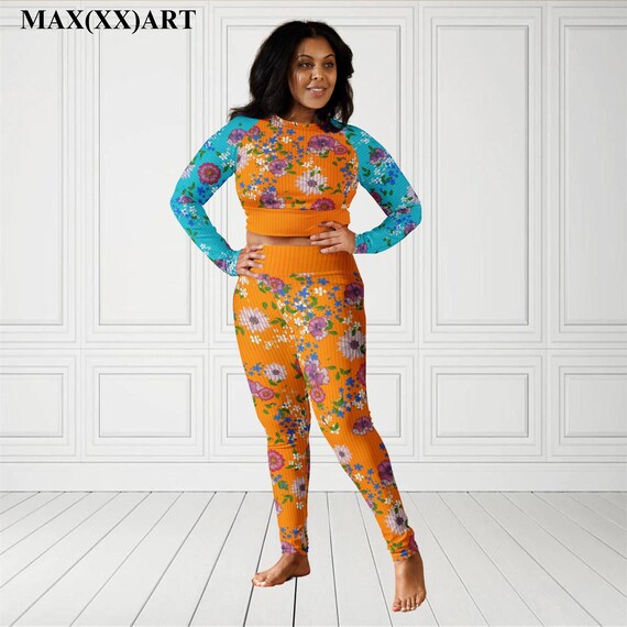 Extra Barb Doll 2 Piece Set Colorful Floral Leggings + Long Sleeve Crop Top Retro Doll Fashion Orange & Light Blue Color Block Clothes Extra Barb Doll 2 Piece Set Colorful Floral Leggings + Long Sleeve Crop Top Retro Doll Fashion Orange & Light Blue Color Block Clothes