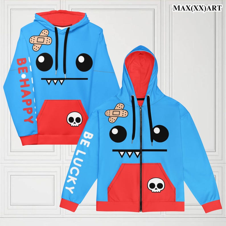 May include: Blue and red zip-up hoodie with a cartoon face on the front. The face has a plaster, two eyes, and a mouth with teeth. The left sleeve has the text "BE HAPPY" and the right sleeve has the text "BE LUCKY".