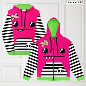 Sudadera unisex con capucha y cremallera Happy Monster, de corte holgado y color rosa con dibujos animados, suéter con cremallera reciclado, talla inclusiva, jersey retro japonés kawaii Y2OKAY