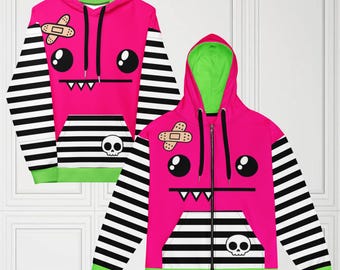 Unisex Happy Monster Zip Hoodie Pink Cartoon Relaxed Fit