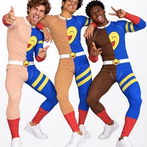 May include: Three long-sleeve compression suits featuring a split-colour design of tan, brown, or light beige paired with blue. Each suit includes a yellow smiley face emblem on the chest and belt, red cuffs, yellow leg stripes, and white trainers.