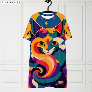 Inclusief maat Kleurrijke katten-T-shit-jurk met ontwerpprint, harajuku-mode, Japanse kawaiitrends, streetwear, oversized en verlaagde schouderpasvorm