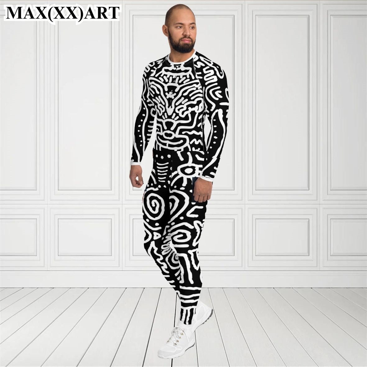 Men's Set, Pop Art African Body Paint Art Famous Gay Artist LGBTQ Queer Party Leggings + Rash-guard Tribal Ethnic Style Pattern