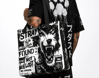 15" X 15" Unisex Totebag Furry Wolf Inspired Grunge Streetwear Strong Durable Design Black & White Japanese Newspaper Style