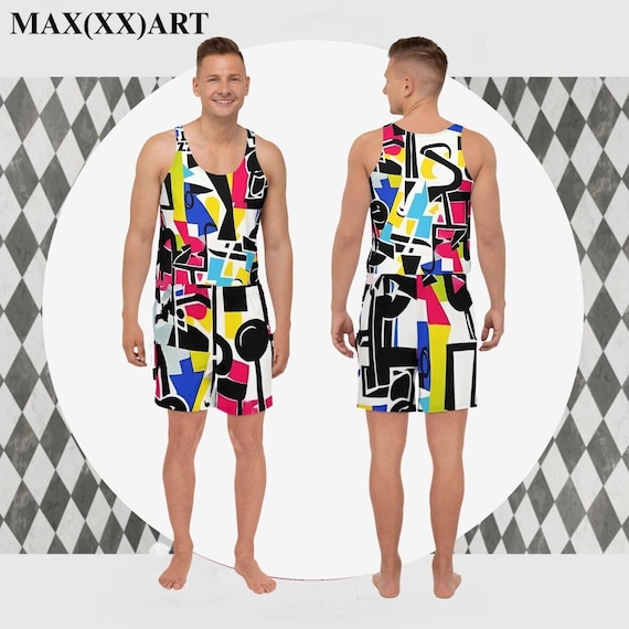 Bold Abstract Colorblock Set | Loose Tank Top & Shorts | Quick-Dry Recycled Polyester | Monochromatic Urban Streetwear | Summer Parties