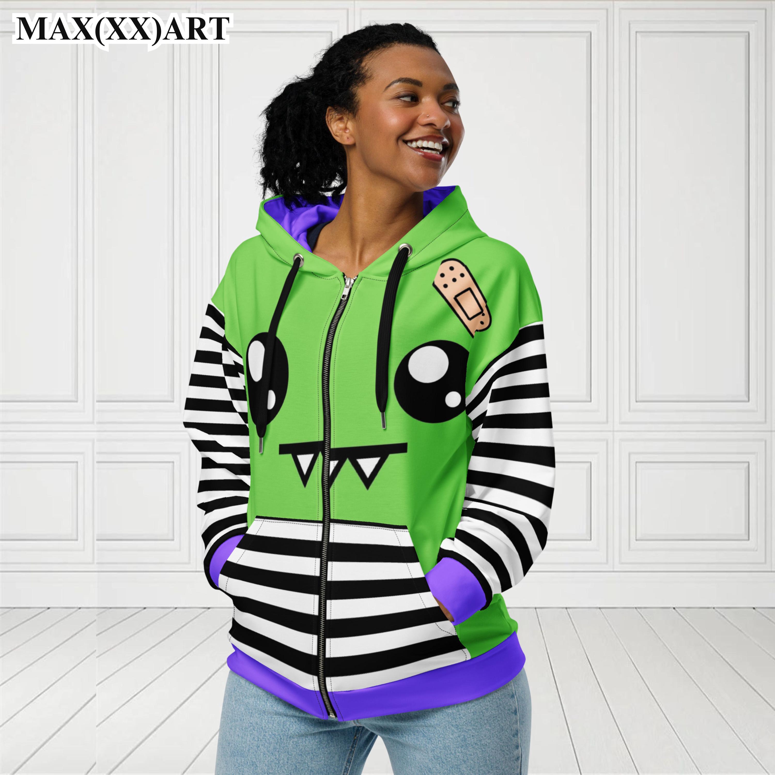 Unisex Monster Zip Hoodie Cute Green Cartoon Relaxed Fit Hoodie