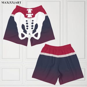 K&ouml;nnte beinhalten: Eine rote, wei&szlig;e und blaue Gradienten-Shorts mit einem wei&szlig;en Skelett-Becken-Motiv. Die Shorts haben einen Kordelzugbund und sind aus einem weichen, bequemen Stoff gefertigt.