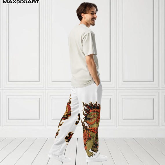 Unisex Inspired Wide Leg Joggers Fire Snake & Lion Traditional