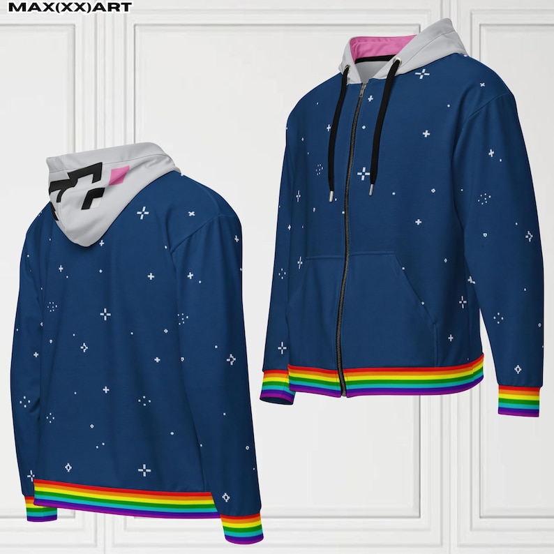 May include: A navy blue zip-up hoodie with a white and pink lined hood. The hoodie features a rainbow-colored band at the bottom and white star-like patterns. The text "MAX(XX)ART" is at the top.
