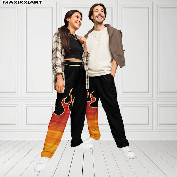 2XS-6XL Unisex Jin Inspired Wide Leg Joggers One Leg Flame Design