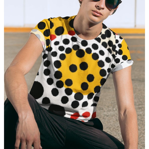 Style Yayoi Kusama, 2 versions de t-shirt col rond pour homme, motif à pois, art abstrait, streetwear, chemise de soirée, motif asymétrique + symétrique