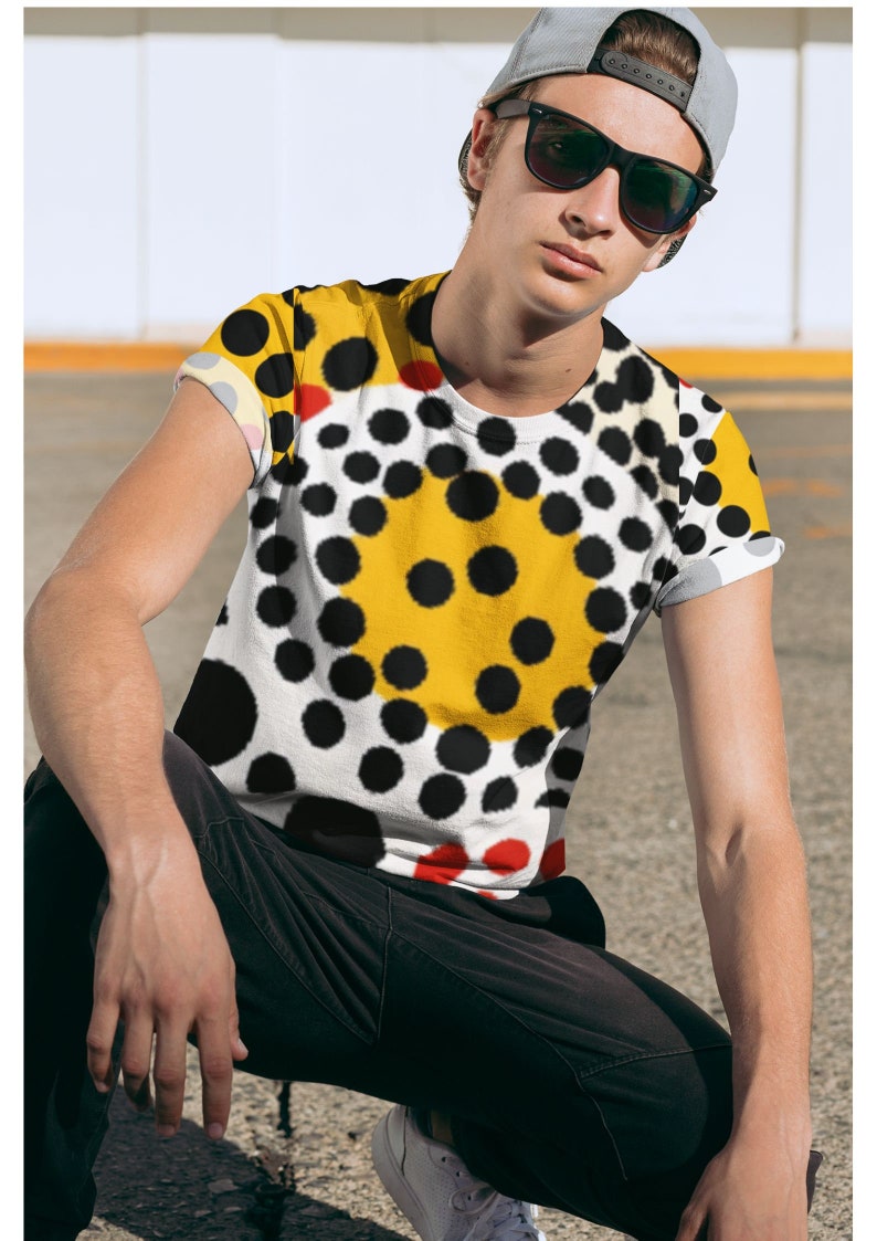 Yayoi Kusama Style, 2 Versions Men Crew Neck T-Shirt, Polka Dot Design, Abstract Art, Streetwear, Party shirt, Asymmetric Symmetric Design image 1