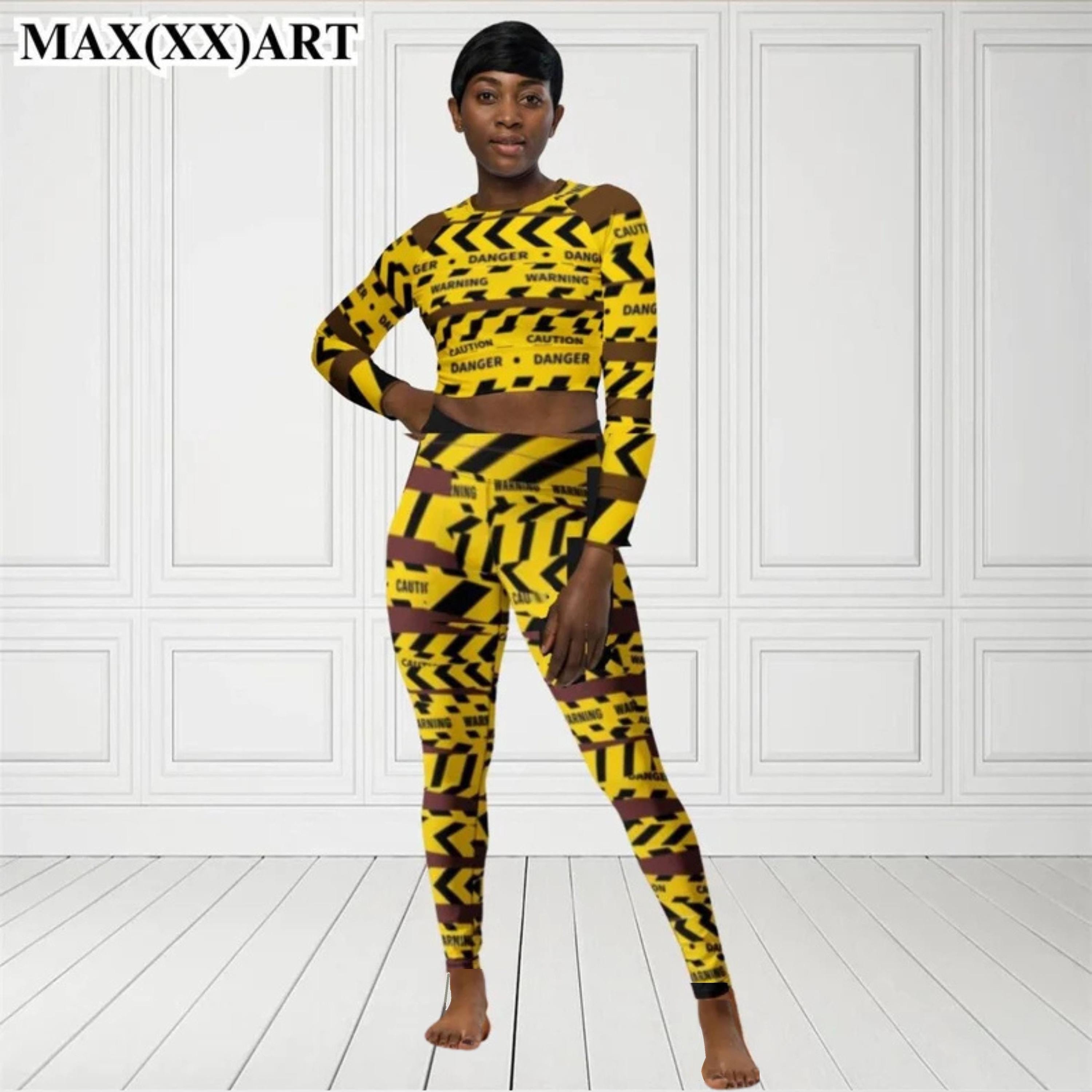 Custom Women Warning Tape Nude Illusion Black And Yellow Danger zone Fun and Sexy Party Festival or Event Wear Women Crop Top + Leggings