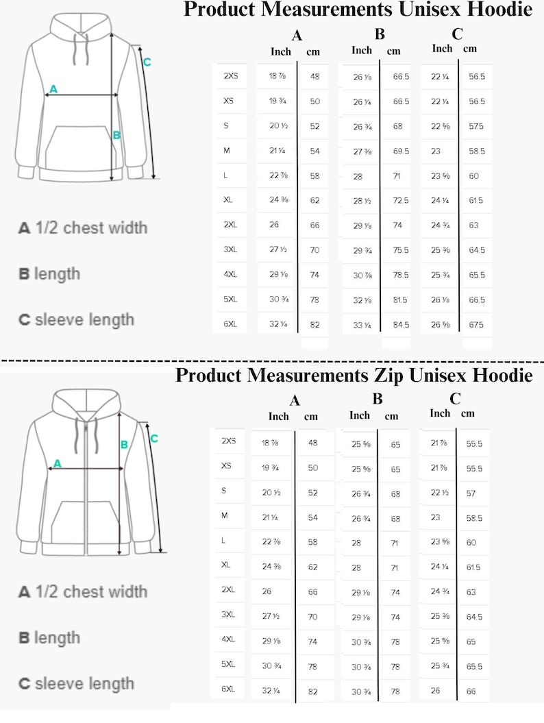 May include: Size chart for unisex hoodies and zip-up hoodies. The chart shows measurements in inches and centimetres for the half chest width, length, and sleeve length. Sizes range from 2XS to 6XL.