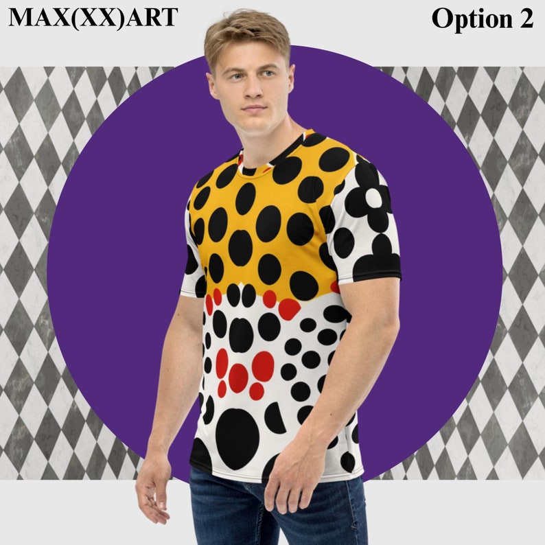 Yayoi Kusama Style, 2 Versions Men Crew Neck T-Shirt, Polka Dot Design, Abstract Art, Streetwear, Party shirt, Asymmetric Symmetric Design Option 2