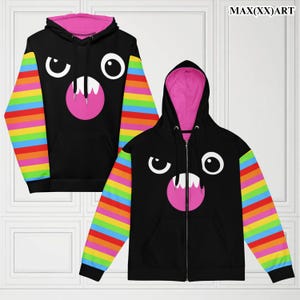 Unisex Monster Zip Hoodie Black Cartoon Relaxed Fit Hoodie Size Inclusive Recycled Zip Sweater Japanese Kawaii Y2OKAY Retro Pullover