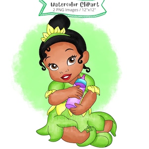 Clipart de acuarela de la princesa Tiana bebé, La princesa y el sapo, Dibujado a mano, Caricatura linda, Ilustración, PNG, Transparente, Alta resolución