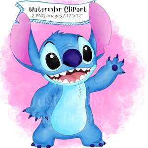 Agitant Stitch Aquarelle Clipart Set, Dessin animé mignon, PNG, Alien, Fond transparent, Haute Résolution, Lilo et Stitch, Dessiné à la main