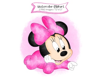 Baby Minnie Maus Aquarell Clipart, rosa Schleife PNG (digitaler Download)