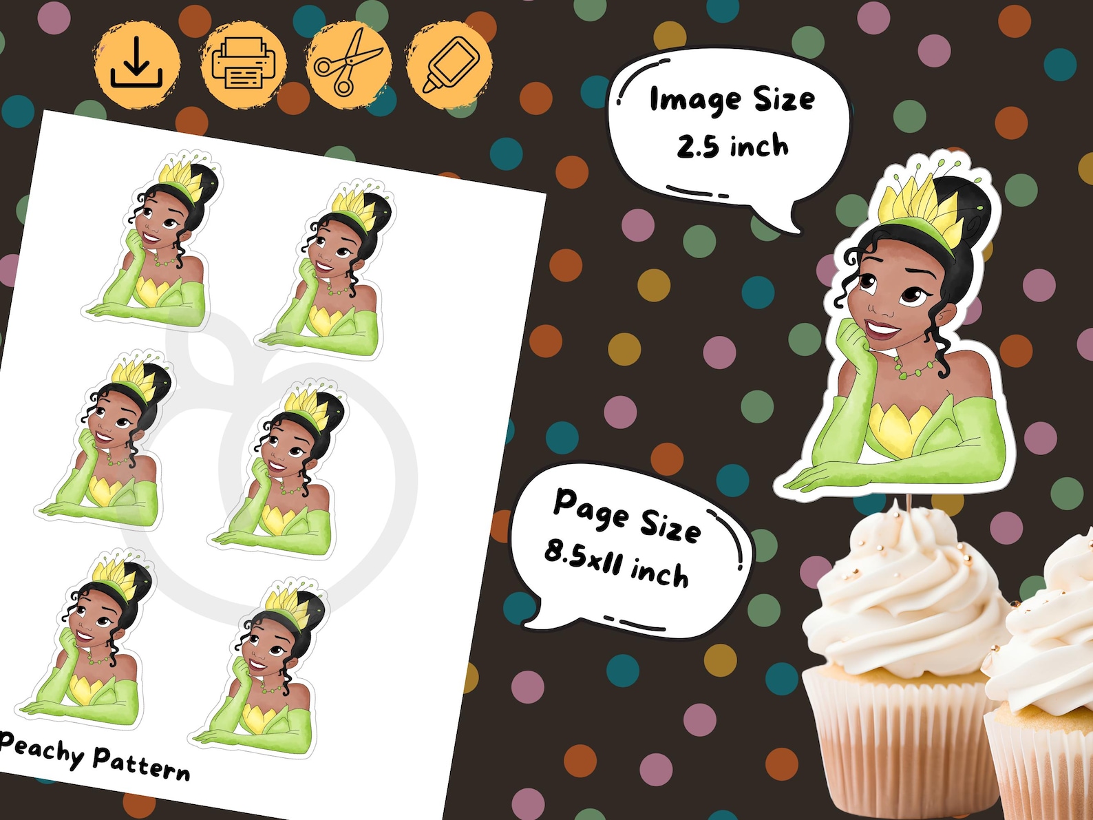 Princess and the Frog Cupcake Toppers: Tiana Watercolor Design (digital ...