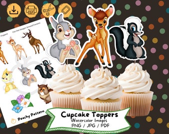 Bambi aquarelle pour cupcakes, téléchargement numérique, fête d'anniversaire, gâteau, décoration d'anniversaire, fichier imprimable, fête d'enfants, baby shower