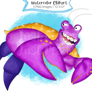 Tamatoa von Moana Hand gezeichnet Aquarell Clipart Set, niedliche Cartoon Illustration, transparenter Hintergrund, Sofort Download, Krabbe, Meerestier