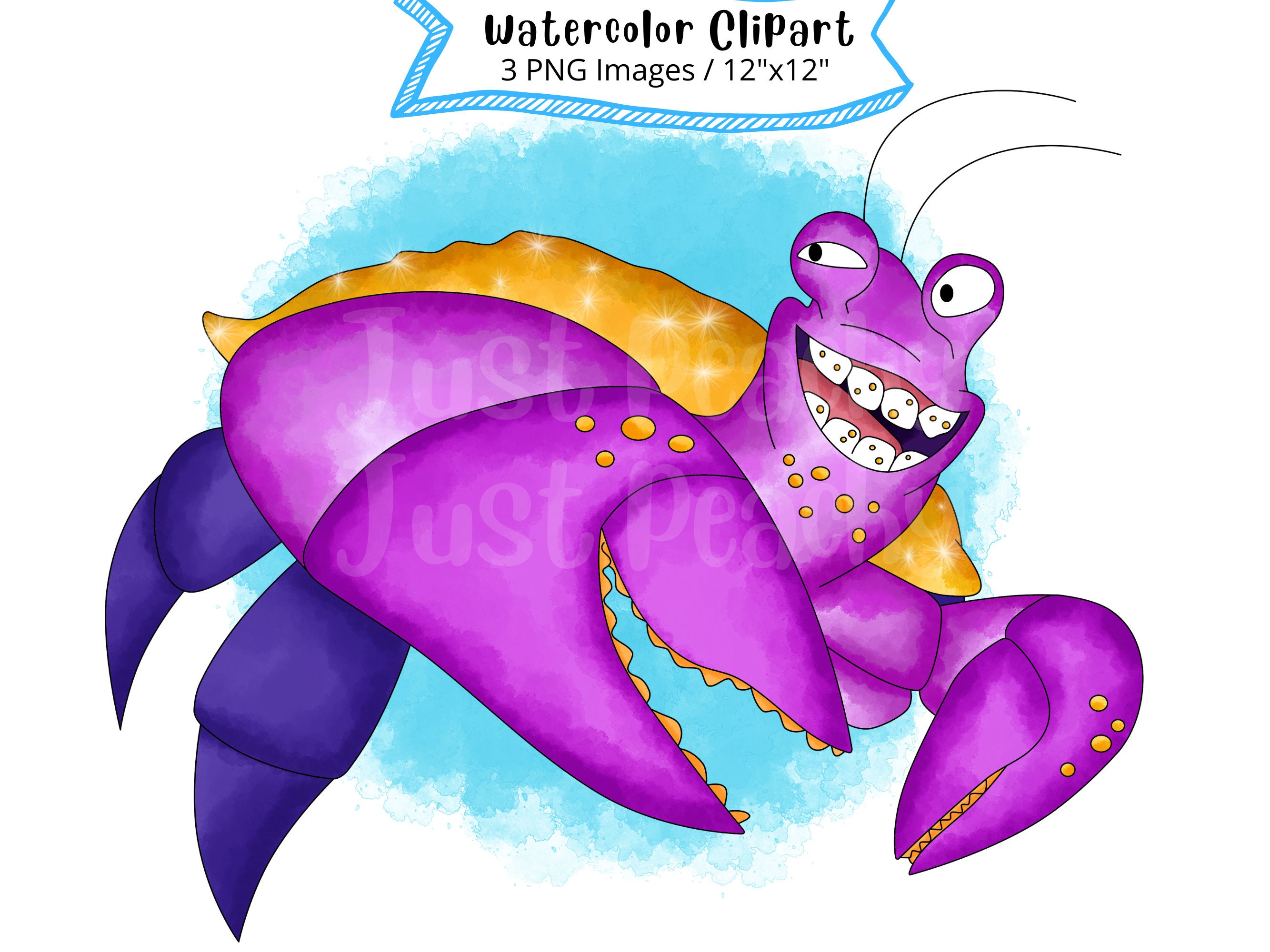 Tamatoa from Moana Hand Drawn Watercolor Clipart Set, Cute Cartoon Illustration, Transparent Background, Instant Download, Crab, Sea Animal