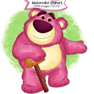 Lotso from Story Watercolor Clipart, Cute Cartoon Illustration, Buzz Lightyear, Woody, PNG, Dinosaur, Transparent, Hand Drawn, Commercial