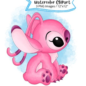 Conjunto de imágenes prediseñadas de acuarela de ángel, dibujos animados lindos, PNG, fondo transparente, alta resolución, Lilo y Stitch, dibujado a mano, San Valentín, puntada